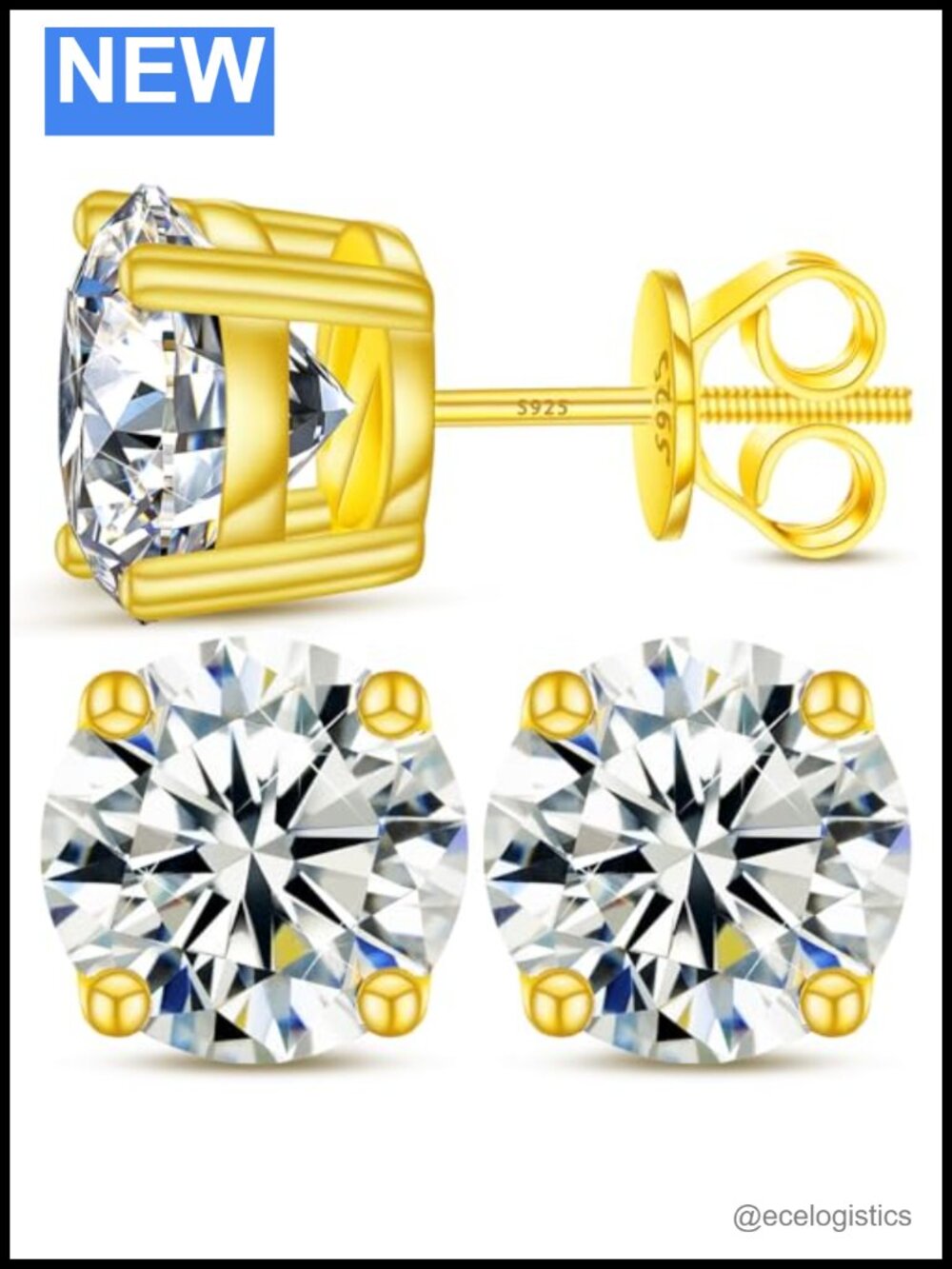 Moissanite Stud Earrings 925 Sterling Silver 18k Gold Plated Screw Back